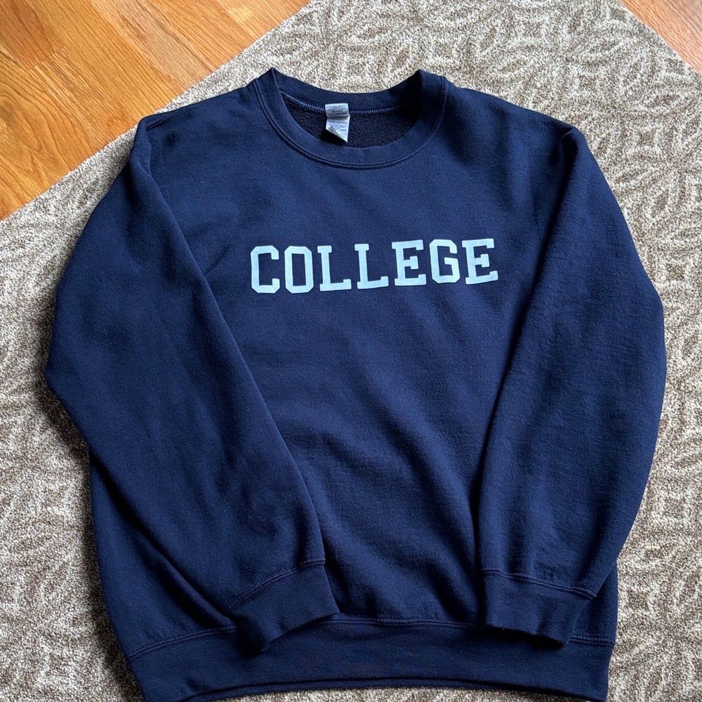 Gildan Navy Crewneck Sweatshirt with White COLLEGE Print